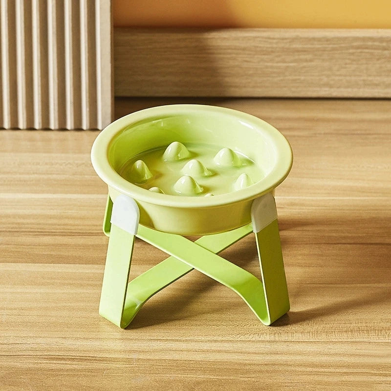 Ceramic Slow Feeder Cat Bowl with Elevated Iron Stand Elevated Cat Bowl Peaceful Pleasures Health and Wellness green
