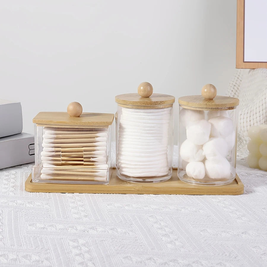 Clear Apothecary Qtip & Cotton Ball Holder with Vanity Tray – 10 oz Bathroom Organizer
