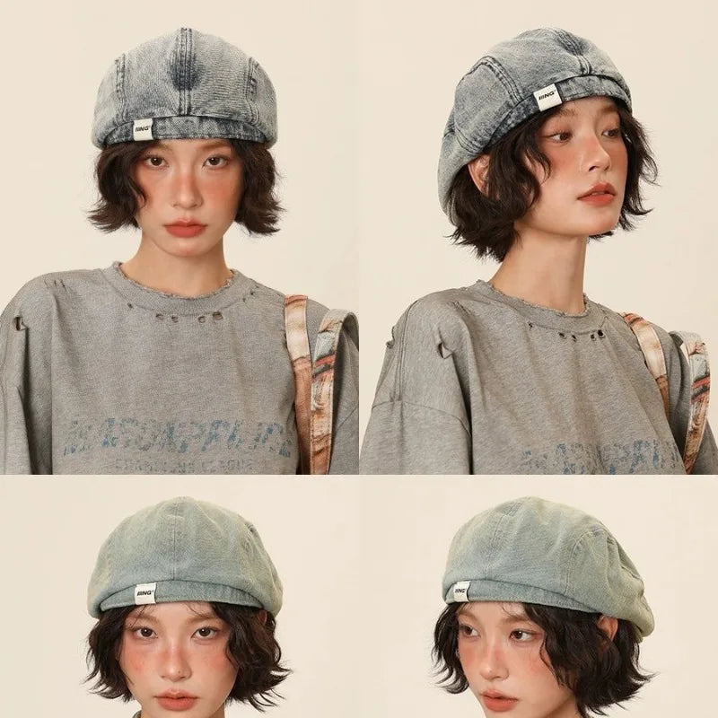 Women's Retro Washed Denim Beret | Cotton Forward Hat
