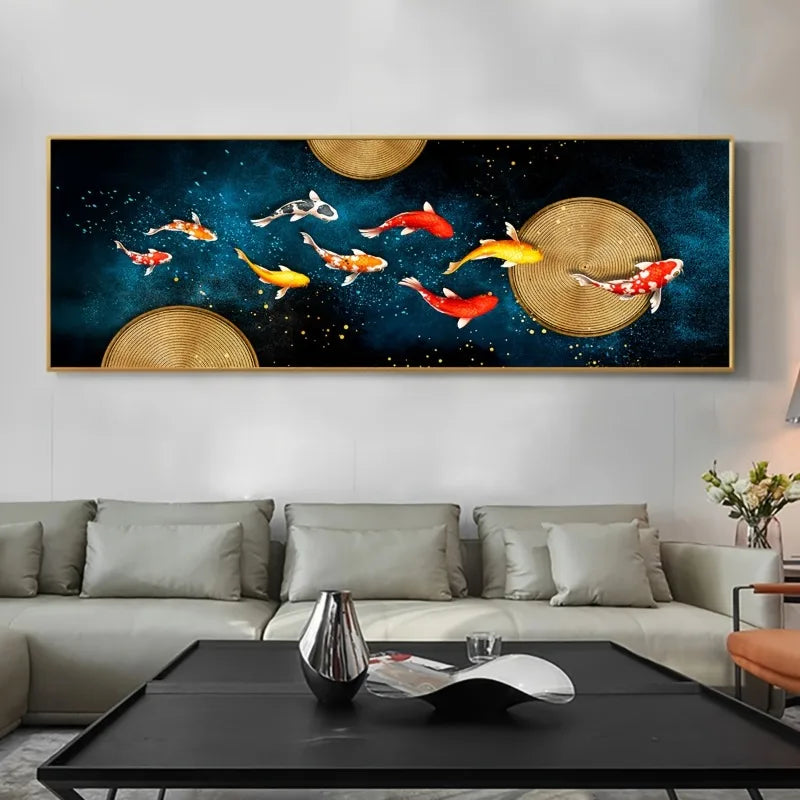 Large Wall Decorative Painting on Canvas Chinese Style Koi Poster Nine Fish Illustration Feng Shui Carp Lotus Pond Home Decor Peaceful Pleasures Health and Wellness
