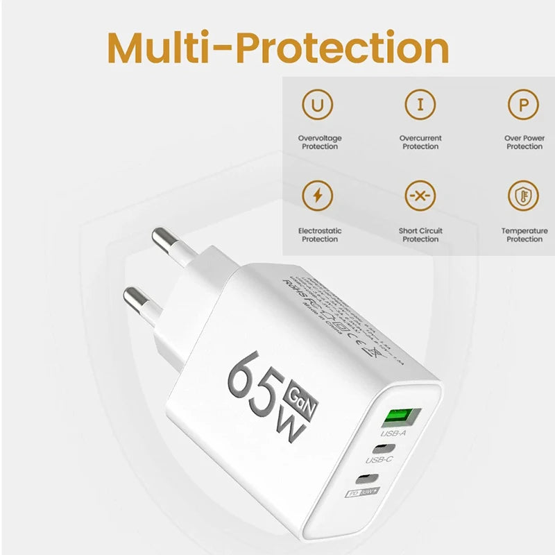 67W GaN Fast Charger USB-C PD 3.0 QC 4.0 Multi-Port Wall Adapter