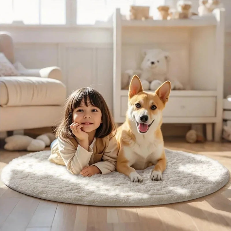 Round Fluffy Shaggy Rug – Soft Plush Cream White Circle Carpet