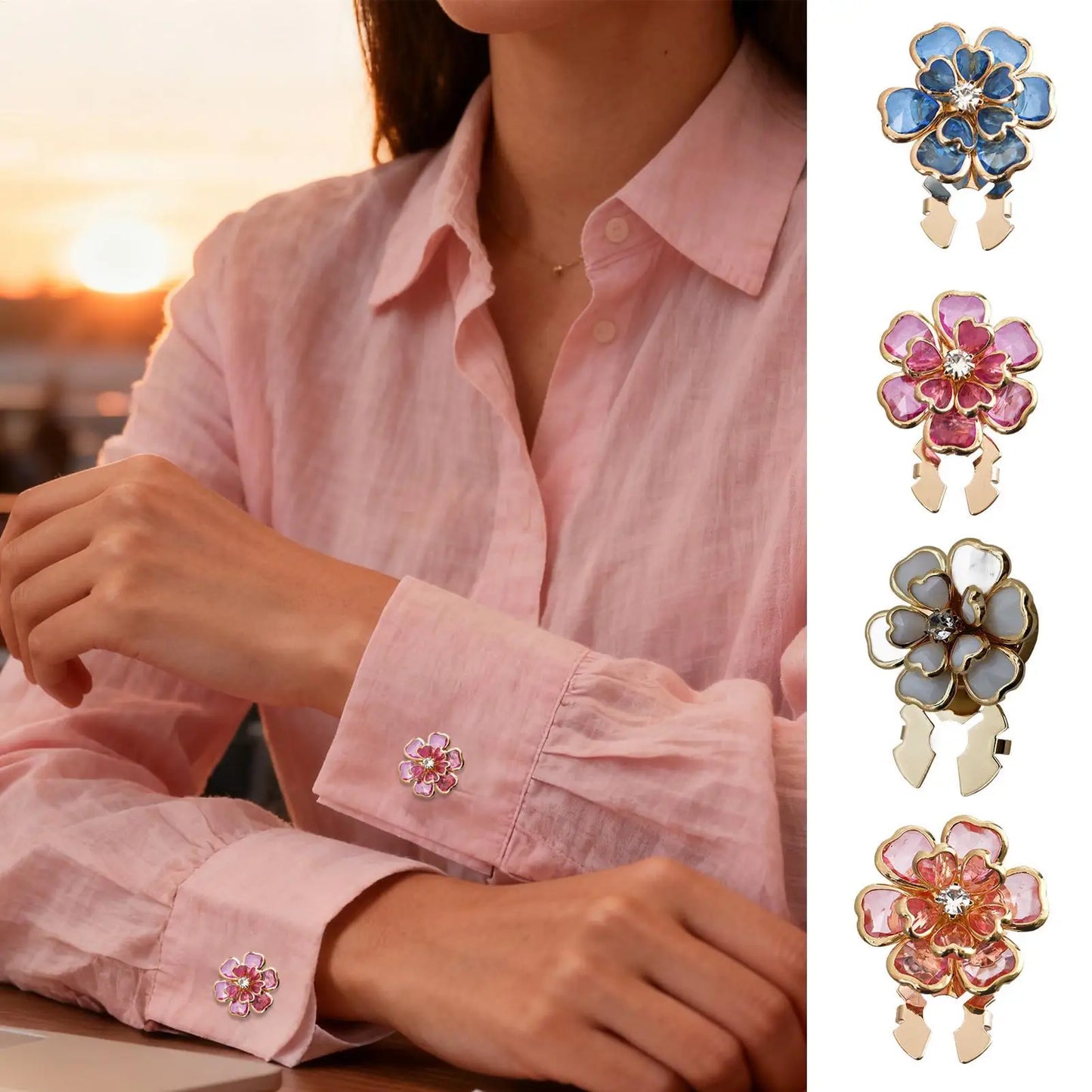 Flower Button Covers – Clip-On Rhinestone Decorative Shirt Buttons