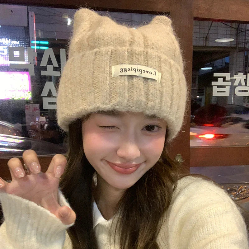 Cat Ear Knitted Beanie – Korean Style Winter Hat for Women