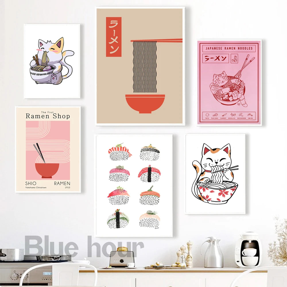 Art Print Watercolor Sushi Poster Kitchen Wall Canvas Painting Japan Restaurant Decor Japanese Ramen Noodles Cat Illustrated Peaceful Pleasures Health and Wellness