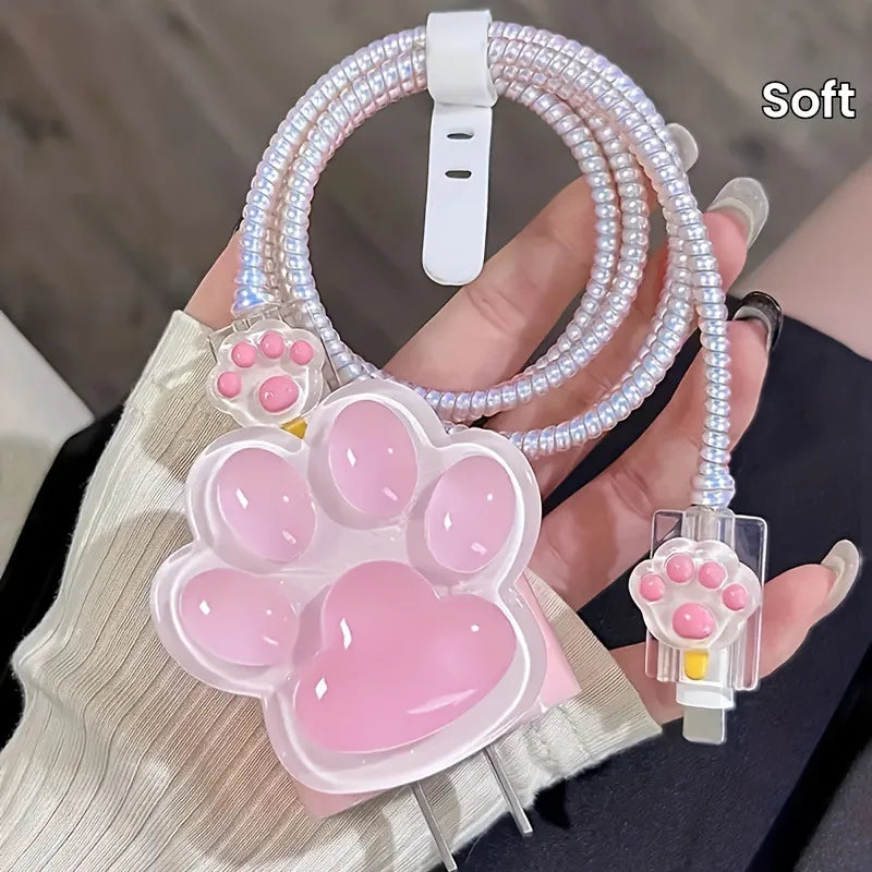 Pink Cute Cat Print 20W Fast Charging Cable Protector for iPhone - Protective Cover for Girls, Stylish Phone Accessory Peaceful Pleasures Health and Wellness