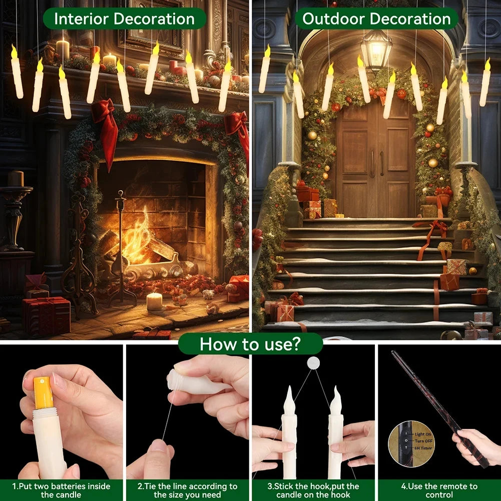 Floating Flameless LED Taper Candles + Magic Wand Remote 12/24 Pack
