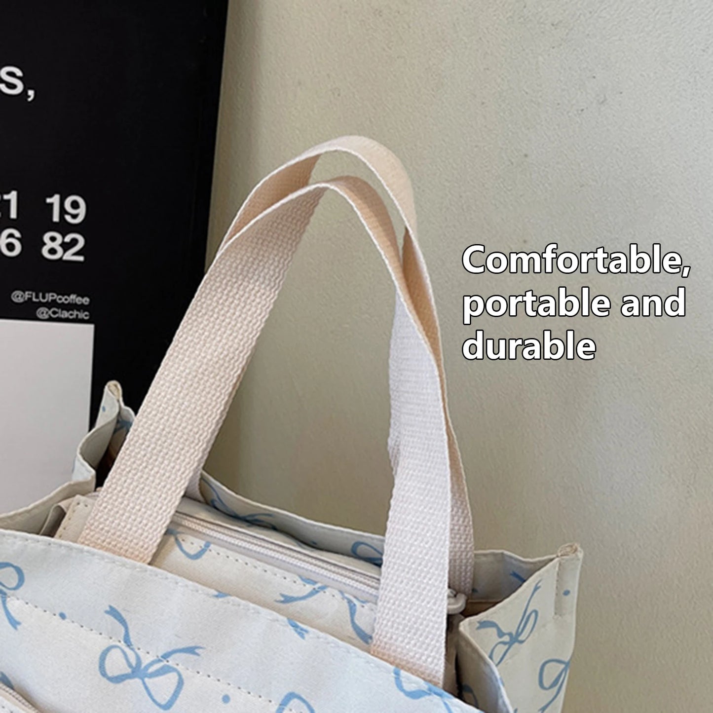 Canvas Lunch Bag With Bow Pattern Pendant Lightweight Bento Tote For Women For Office Commute Travel Picnic Food Storage Peaceful Pleasures Health and Wellness