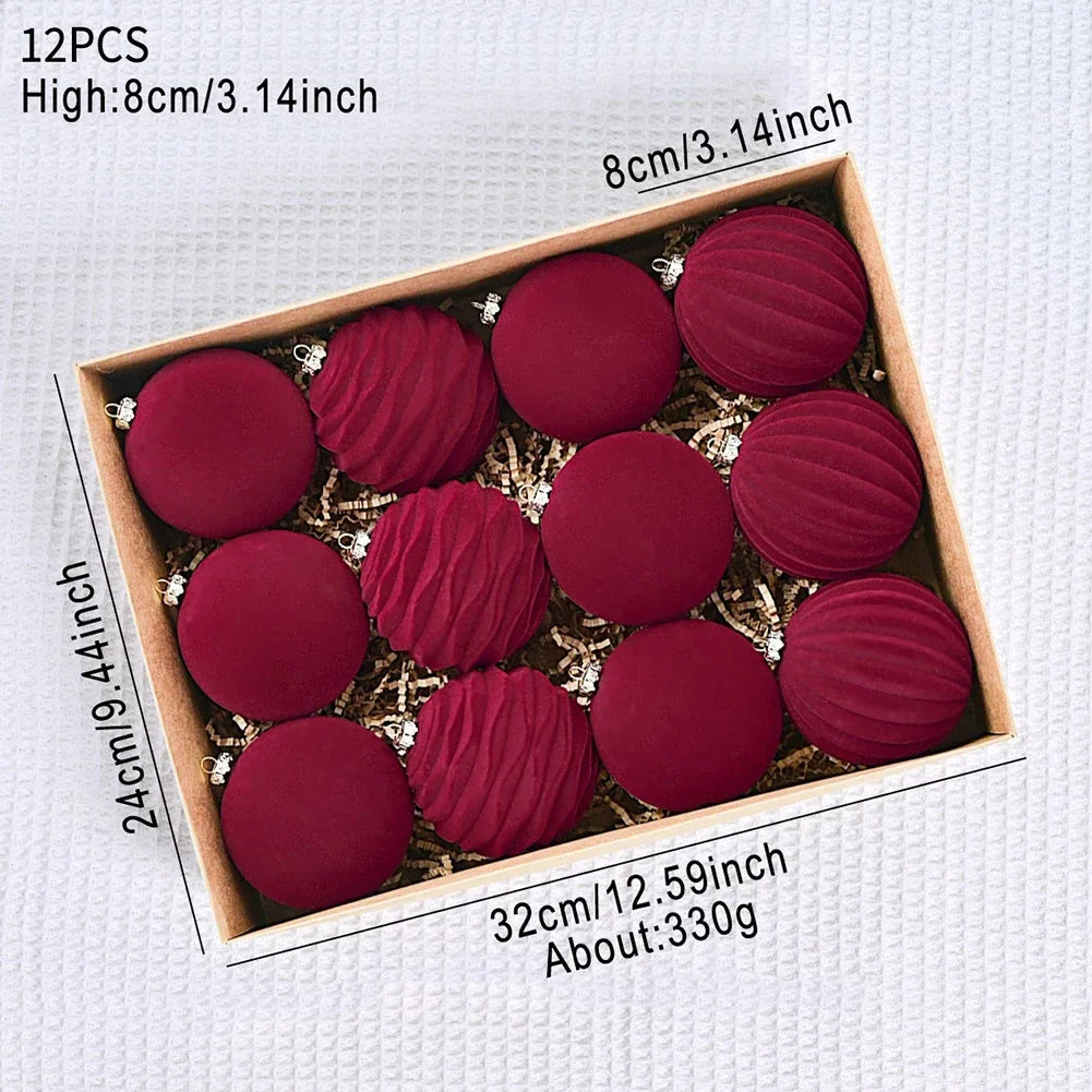 Flocked Velvet Christmas Ball Ornaments – Set of 12 | 3.15"