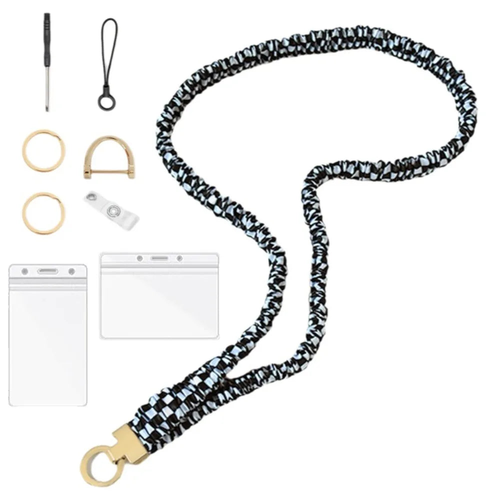 Safety Breakaway Buckle ID Badge Lanyard Stretchy Scrunchie Style Adjustable Elastic Material Retractable Lanyard Set Peaceful Pleasures Health and Wellness Black White Set 1