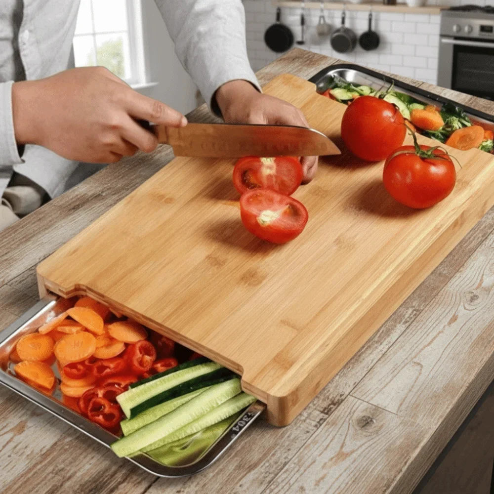 Beech Wood Cutting Board with Drawers | Non-Slip & Eco-Friendly