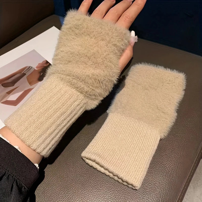 Women's Mink Fleece Fingerless Gloves | Half Finger Winter Mitts