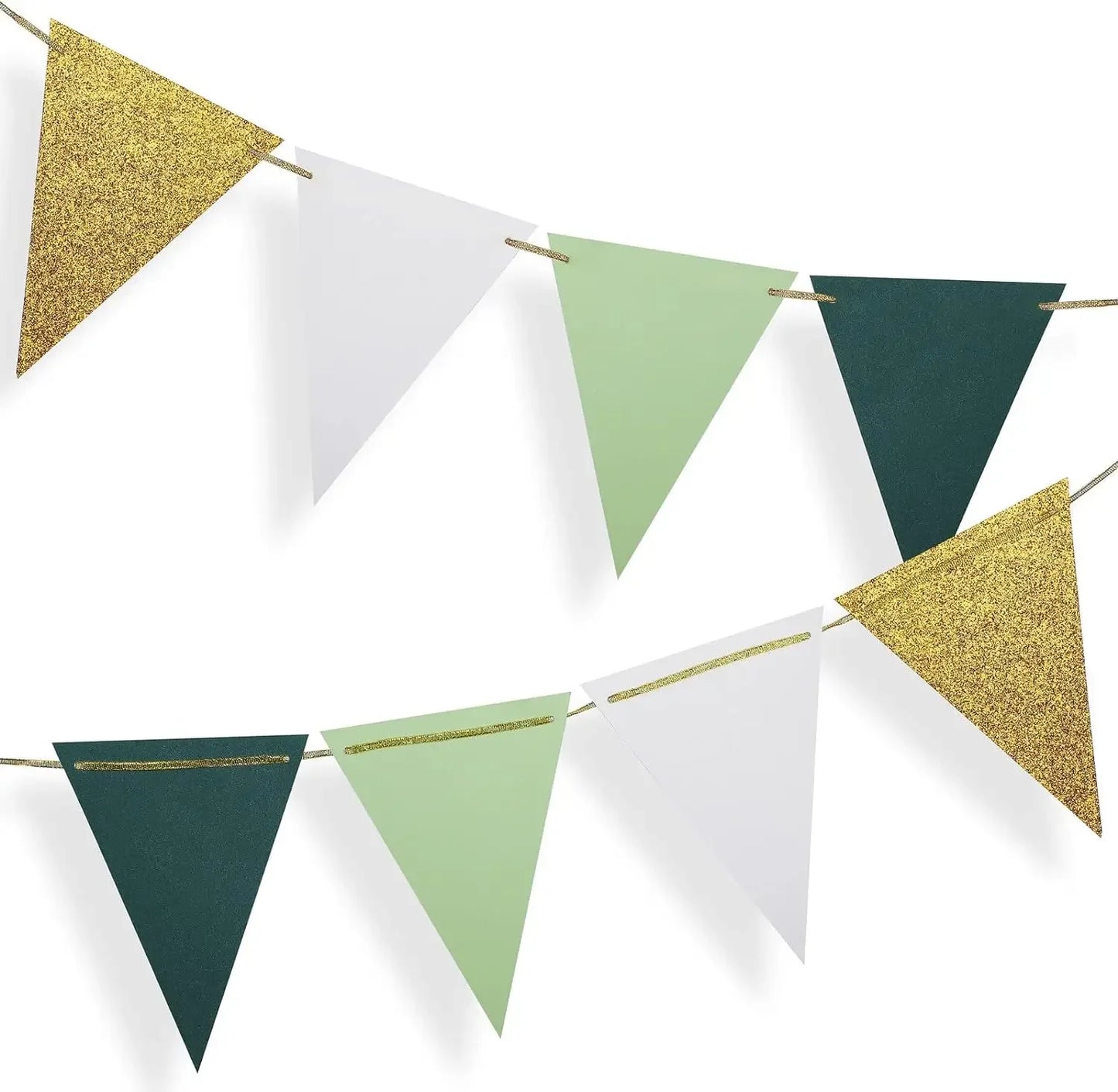 16 pcs flag Large Gold Green(10 Feet), Paper Triangle Flags Bunting for Greenery Shower Wedding Nursery Classroom Birthday Party Peaceful Pleasures Health and Wellness 16pcs pack