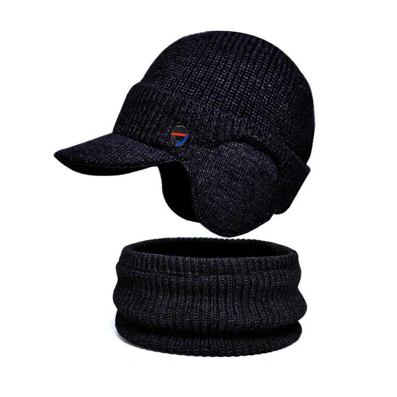 Winter Knitted Balaclava Hat & Scarf Set Thermal Lined Beanie, Ear Protection, Unisex Cold Weather Face Mask for Outdoor Sports Peaceful Pleasures Health and Wellness Black and Gray 56-60cm