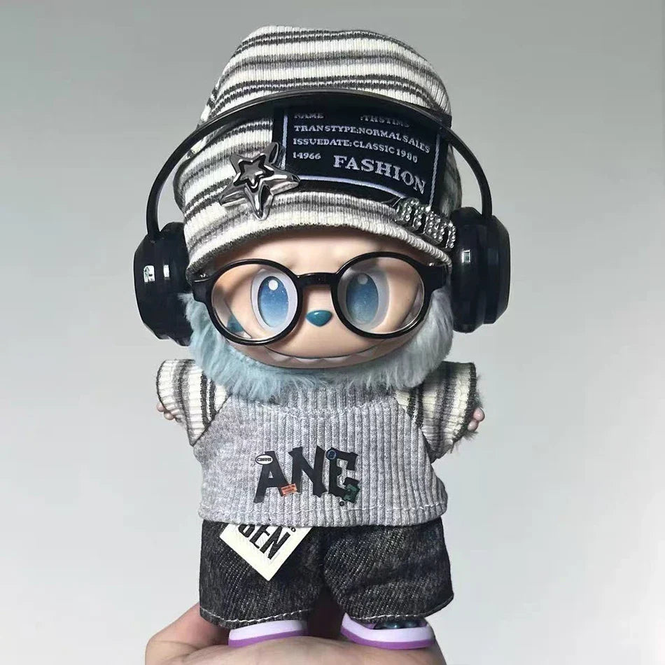 Labubu 15–17cm Korean Grey Star Hat Cloth Outfit Set
