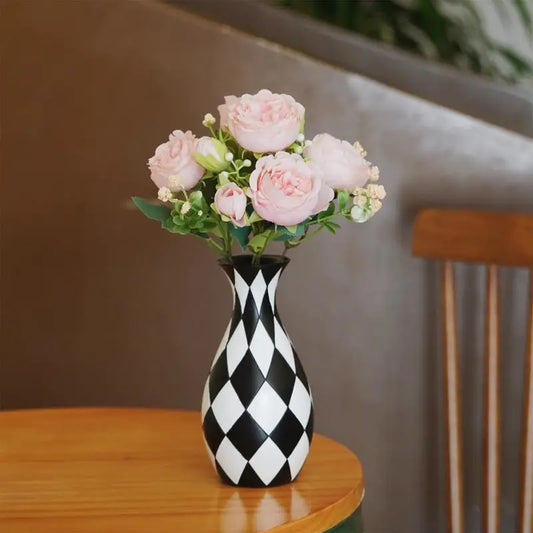 Black White Checkered Resin Vase | Modern Home Décor Accent Decorative Vase Peaceful Pleasures Health and Wellness China Mainland