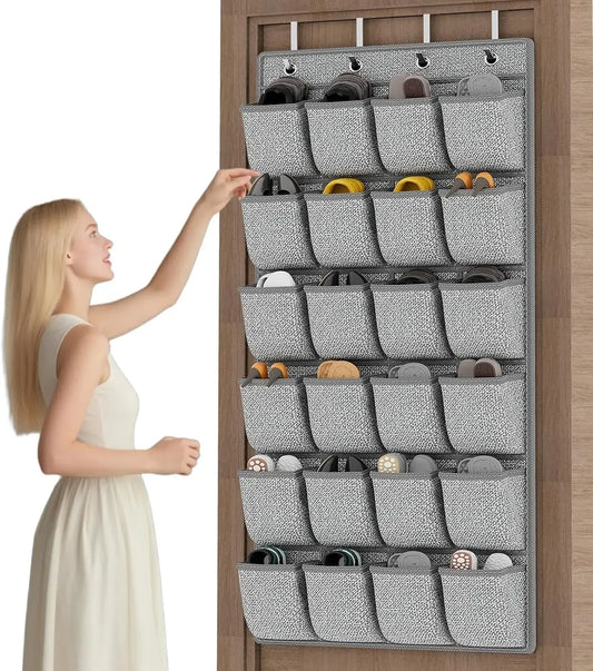 Over the Door Shoe Organizer with 24 Large Pockets, Grey 61.4''x22'', Space-Saving Storage for Sneakers and Heels Peaceful Pleasures Health and Wellness United States