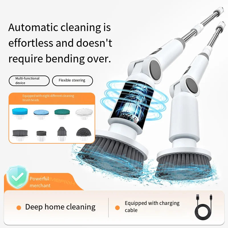 HOMEFISH NEW 8-in-1 Electric Spin Scrubber Wireless Cleaning Brush Waterproof Bathroom Scrubber Adjustable Extension Handle Peaceful Pleasures Health and Wellness