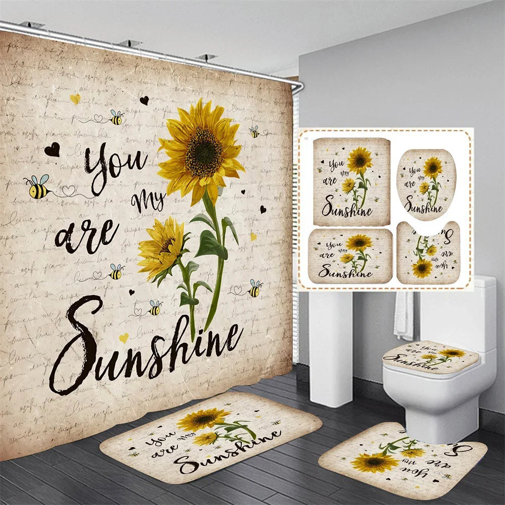 4pcs Set Doormat Shower Curtain with Non-Slip Rugs Toilet Seat Cover Bath Carpet Durable Waterproof Bathroom Home Entrance Decor Peaceful Pleasures Health and Wellness A