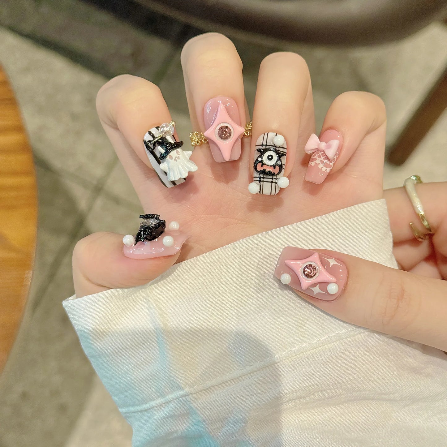Halloween Press-On Nails Black & Pink Devil Ghost | Short