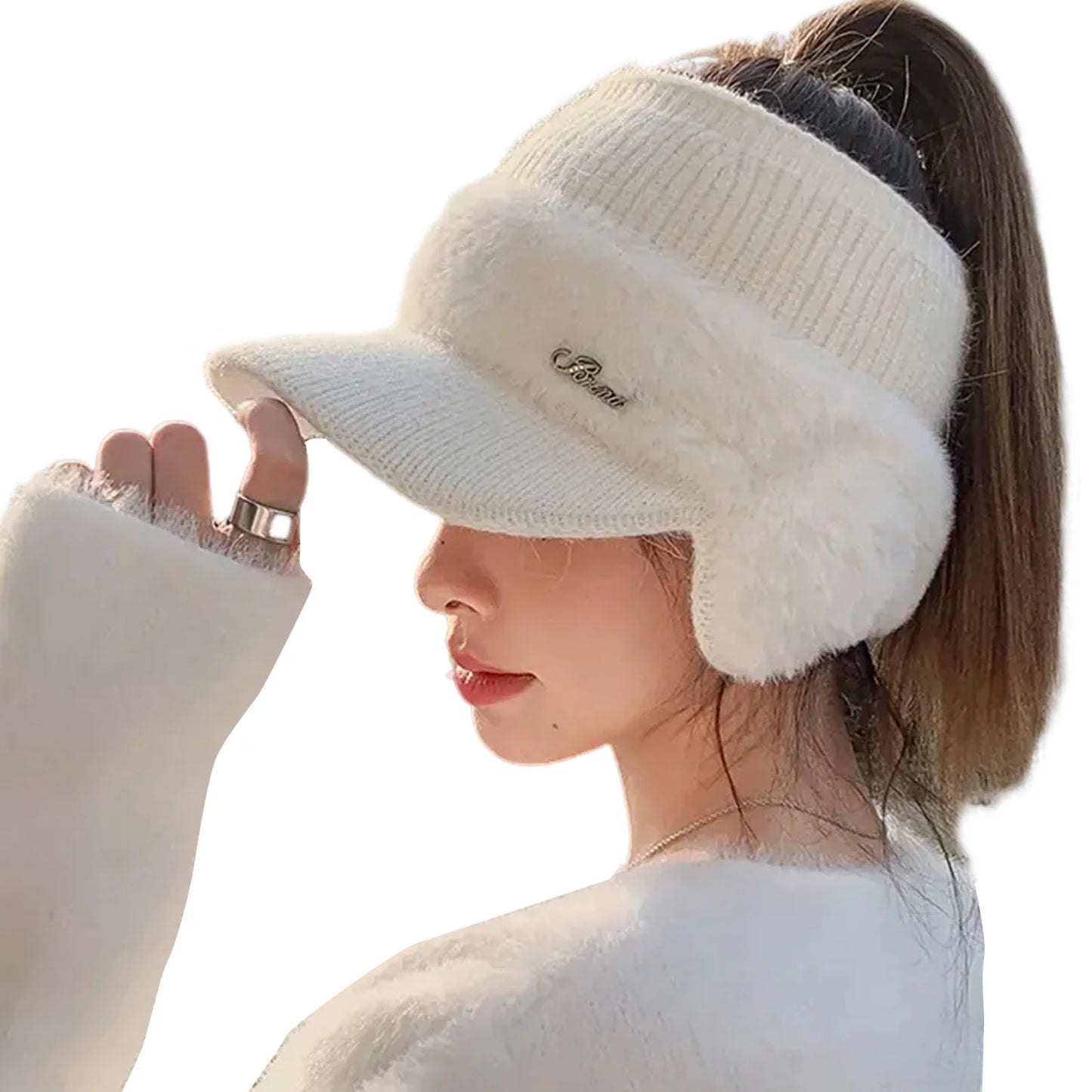 Knitted Ponytail Ear Protection Hats Breathable & Cozy Stretchy Knitted Baseball Hats for Leisure Walking Performance Peaceful Pleasures Health and Wellness White