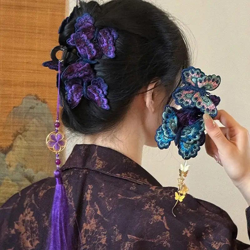 Chinese Butterfly Hair Claw Clip – Floral Tassel Hanfu Style
