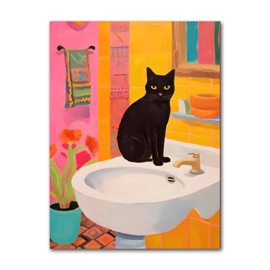 Funny Black Cat Toilet Canvas Wall Art | Bathroom Decor
