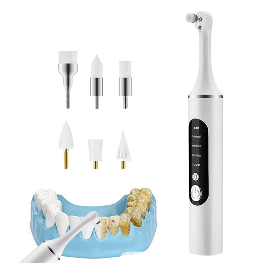 Electric Tooth Polisher with 6 Brush Heads Dental Plaque Tartar Remover LED Light Rechargeable Oral Cleaner Tool Teeth Whitening Peaceful Pleasures Health and Wellness