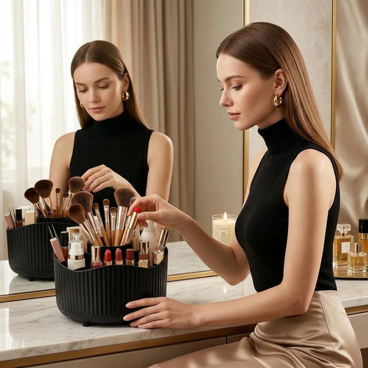 Rotating Makeup Organizer – 360° Cosmetic Carousel & Brush Holder Makeup Organizer Peaceful Pleasures Health and Wellness
