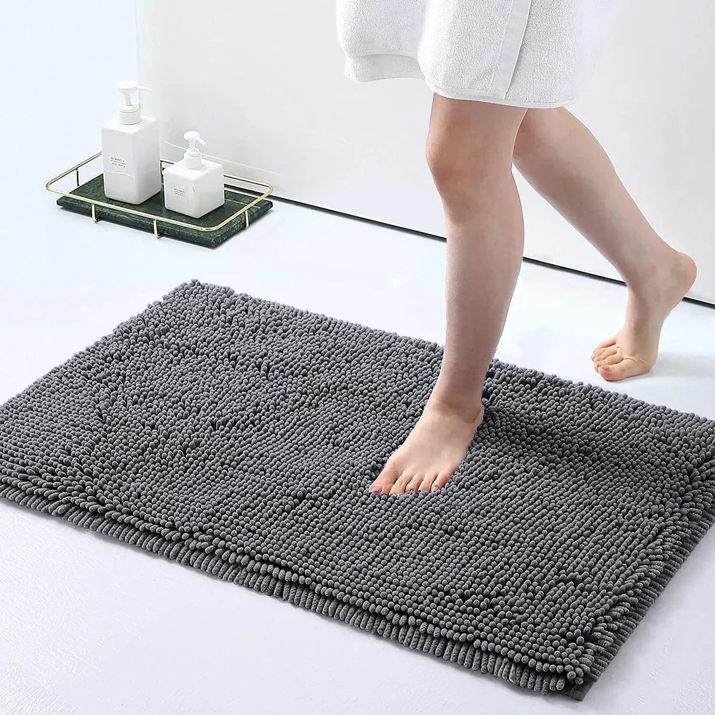 Chenille Soft Plush Bath Mat Super Absorbent Washable Non Slip Bathroom Comfortable Carpet for Shower Toilet Doormat Floor Rugs Peaceful Pleasures Health and Wellness Dark Grey 40x60CM and 50x80CM