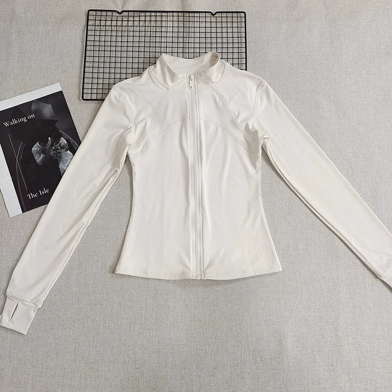 Women's High-End Slim Fit Workout Jacket - Full Zip Up Quick-Dry Yoga Running Top with Sun Protection Peaceful Pleasures Health and Wellness Beige S