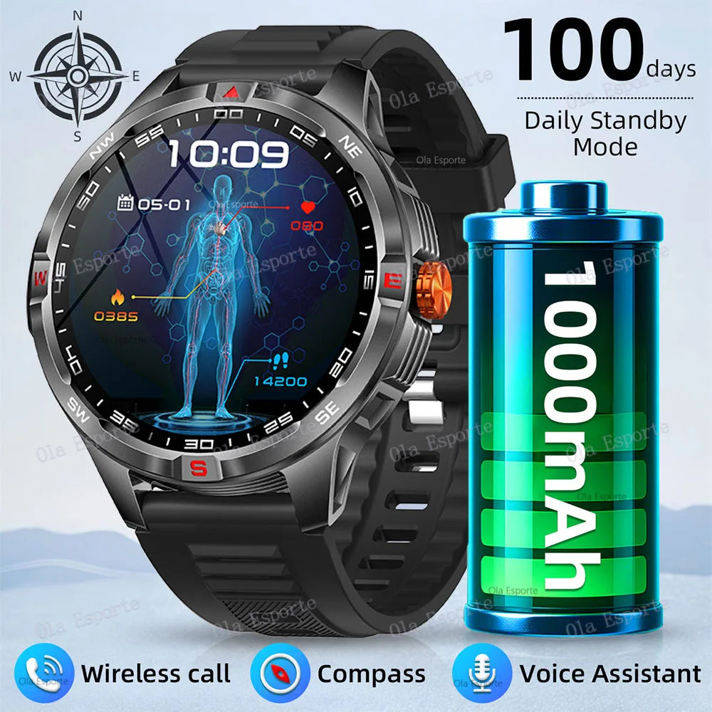 Military 1000mAh Battery Sports Smart Watch Adult Men Compass BT Call Heart Rate Health Monitoring IP68 Waterproof SmartWatches Peaceful Pleasures Health and Wellness Black