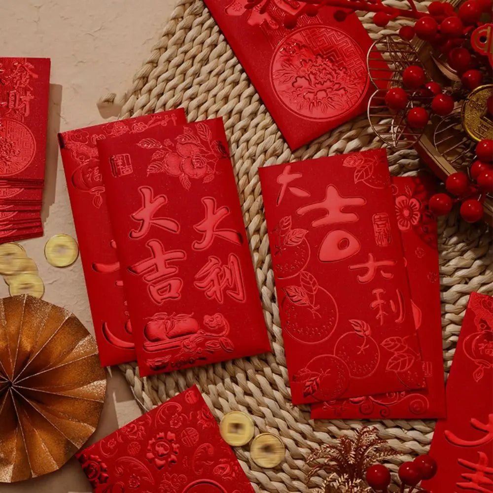 6pcs 3D Chinese New Year Red Envelope Hot Stamping Solid Red Packet Blessings Printing Thickened Lucky Money Bag Wedding Peaceful Pleasures Health and Wellness