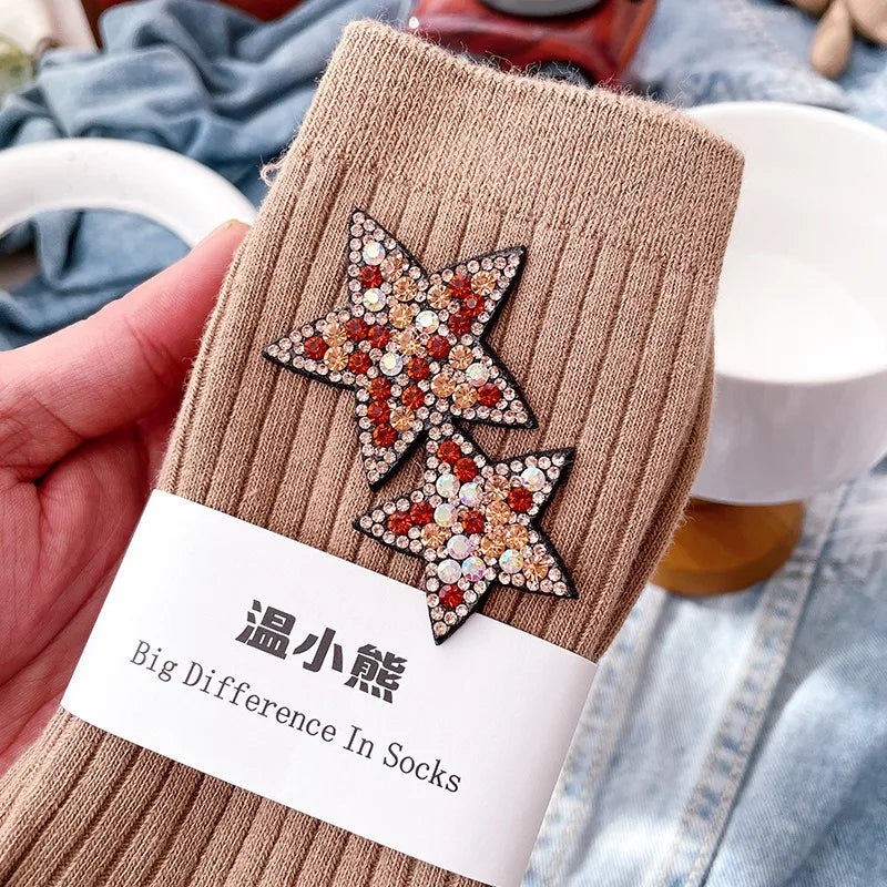Fashionable Rhinestone Sparkling Women's Socks, Kawaii Star Diamond Sparkling Socks, Comfortable And Breathable Christmas Socks Peaceful Pleasures Health and Wellness Brown One Size