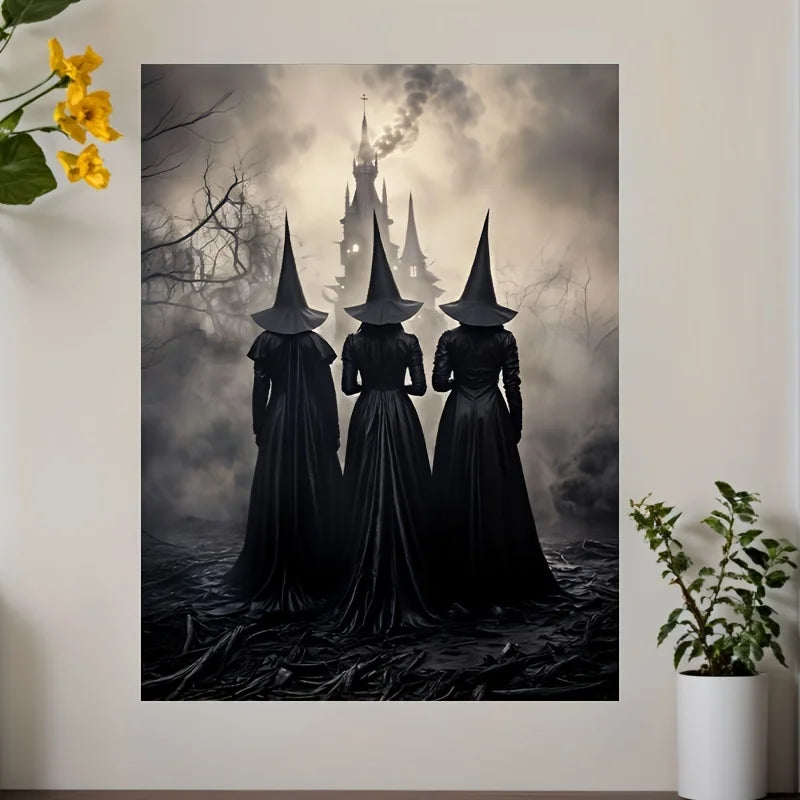 Classic Retro Aesthetics Wall Art Halloween Goth Ghost Witch and Crow Pumpkin HD Oil on Canvas Poster Home Bedroom Decor Gift Peaceful Pleasures Health and Wellness