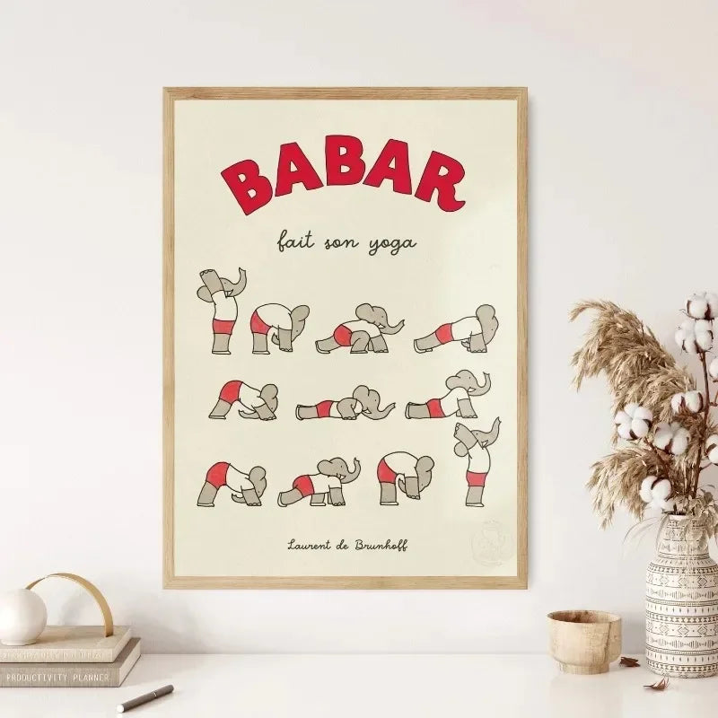 Cartoon Elephant Family Car Cute Yoga Anime Poster and Prints Canvas Printing Wall Art Picture for Kids Room Nursery Decoration Peaceful Pleasures Health and Wellness