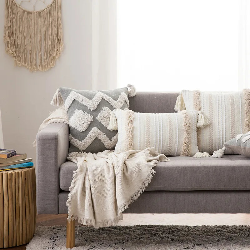 Battilo Boho Throw Pillow Cover Tufted Pillow Case with Tassels Neutral Woven Cushion Cover for Sofa Bed Living Room Home Decor Peaceful Pleasures Health and Wellness