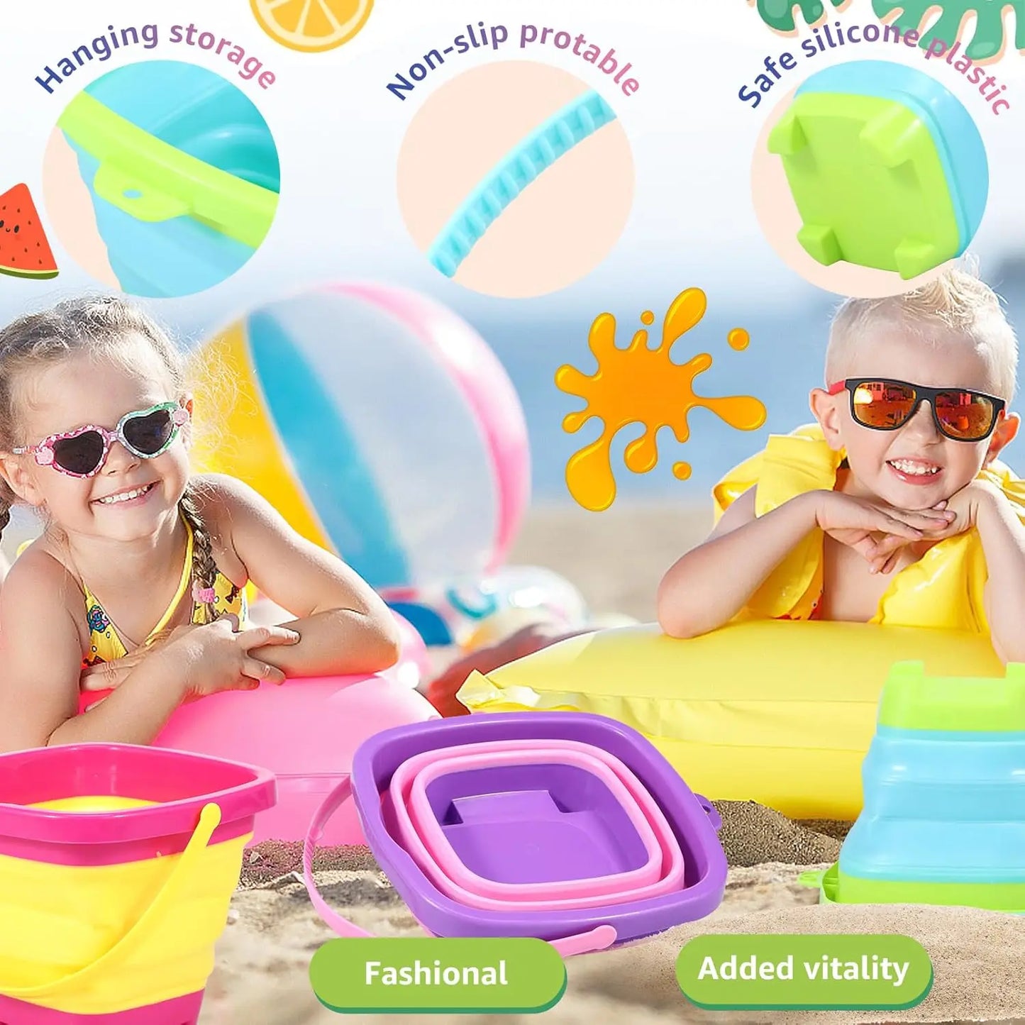 Foldable Silicone Beach Buckets for Kids – 3-Pack Collapsible
