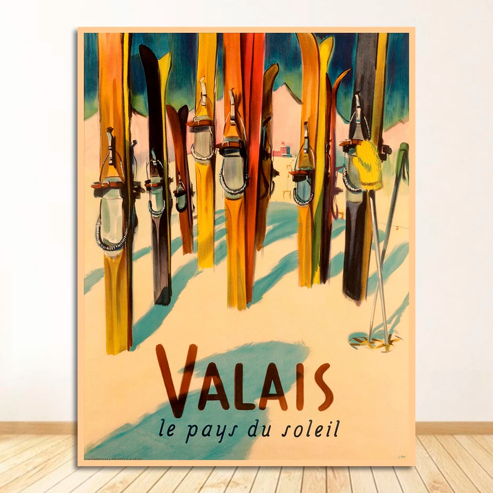 Retro Skiing Alps Switzerland Canvas Wall Art | Vintage Ski Poster