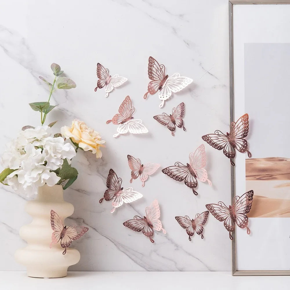 12pcs New 3D Butterfly Wall Stickers Self Adhesive Hollow Butterfly Butterfly Wallpaper DIY Decal Festival Decoration Peaceful Pleasures Health and Wellness B-Rose Gold