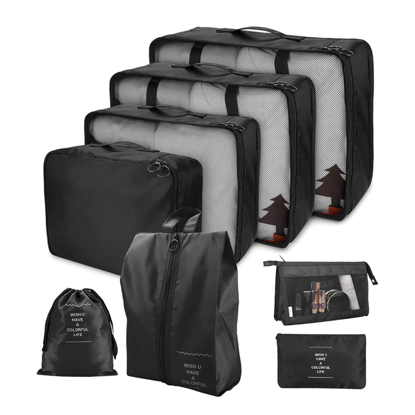 8Pcs/Set Travel Organizer Storage Bags Suitcase Packing Cubes Set Cases Portable Luggage Clothes Shoe Tidy Pouch Folding Bags Peaceful Pleasures Health and Wellness 8Pcs Black