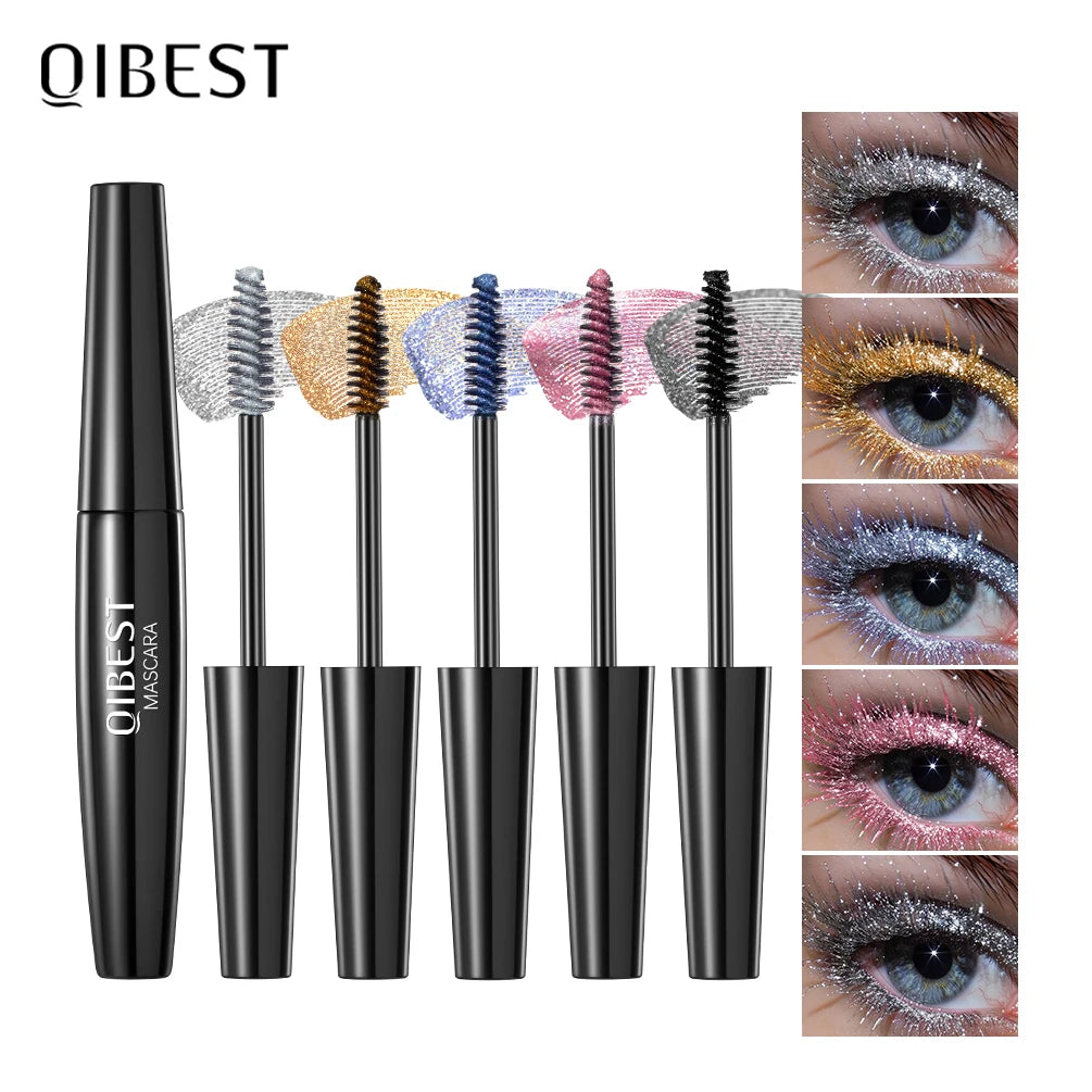 QIBEST 5 Colors Diamond Glitter Mascara Long Lasting Makeup 3D Volume Eyelashes Curling Shimmer Mascara Charming Eye Lash Tools Peaceful Pleasures Health and Wellness