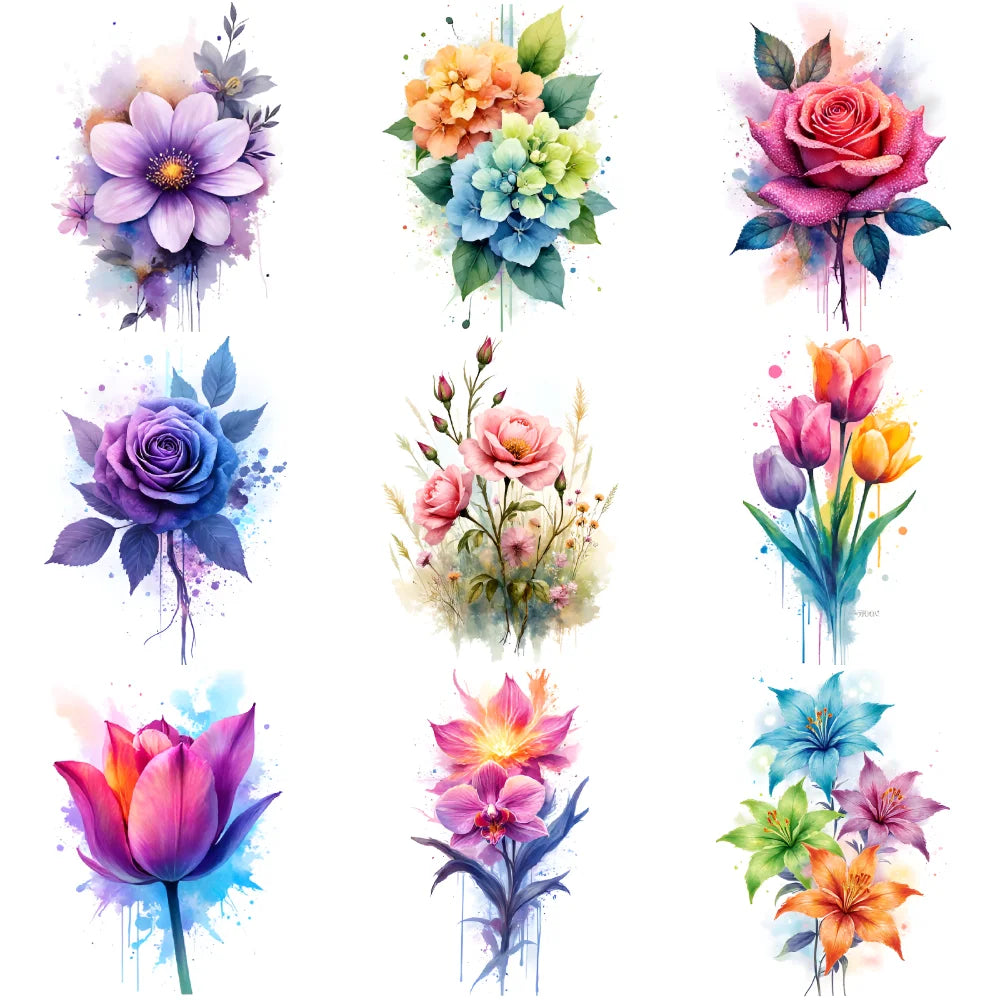9-Pack Waterproof Temporary Tattoo Stickers – Flowers & Art