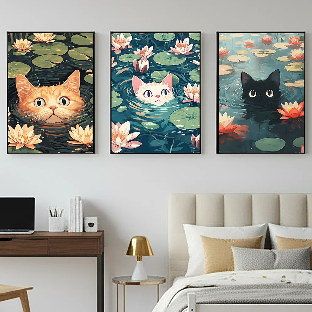 Vintage Animal Wall Art, Impressionist Water Lily Cat Canvas Painting, Nordic Poster Print for Bedroom Living Room Wall Decor Peaceful Pleasures Health and Wellness
