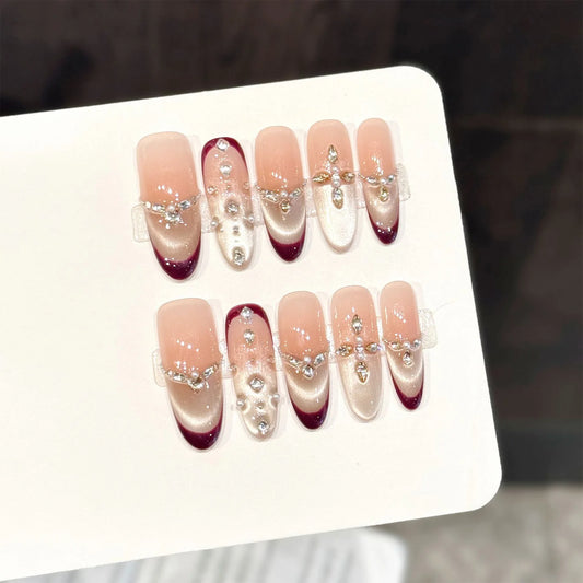 10pcs Glitter Cat's Eye Press On Nails | French Almond Tips Press-On Nail Set Peaceful Pleasures Health and Wellness L