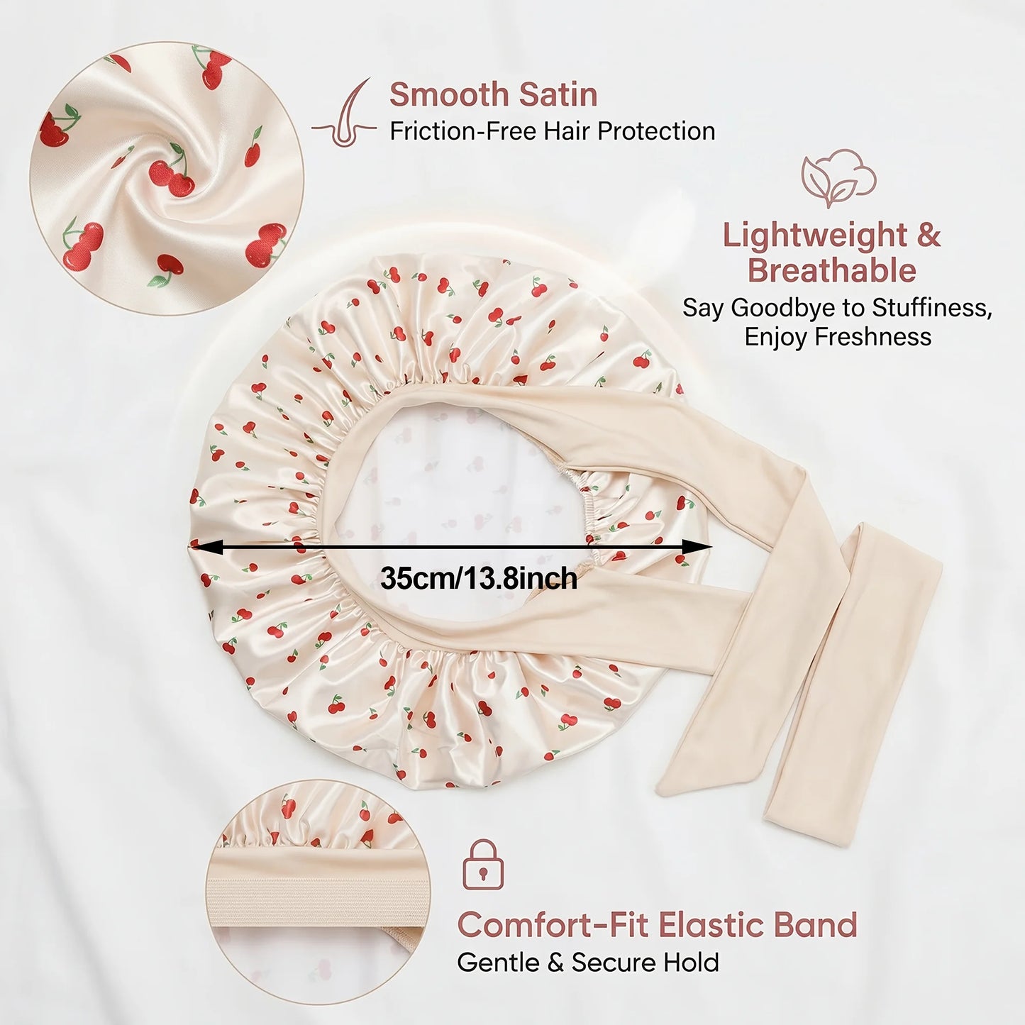 Satin Sleep Bonnet for Women – Cherry Print Lace-Up Hair Cap
