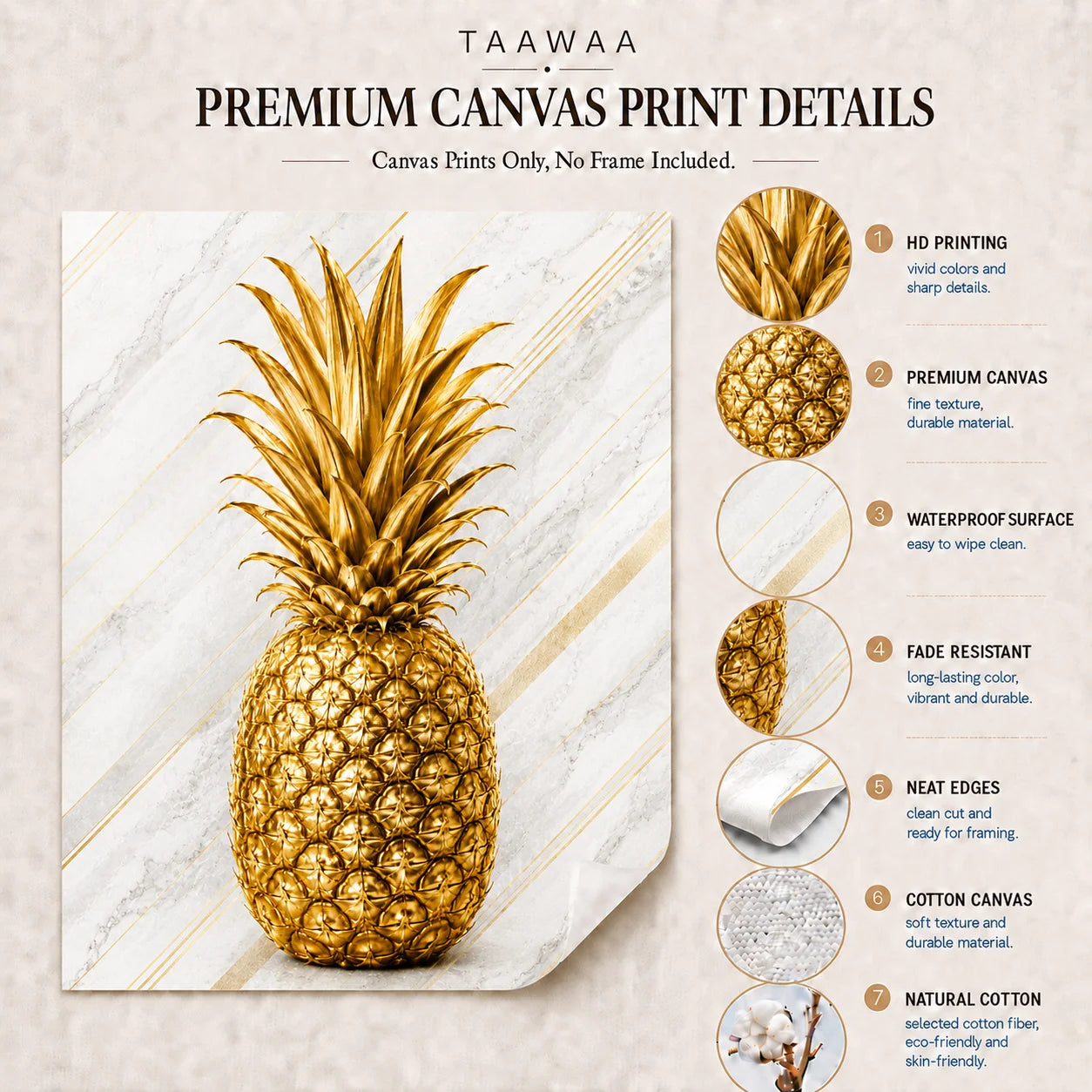 Nordic Luxury Marble Wall Art Gold Pineapple Canvas Painting Poster Print Bedroom Living Room Decor Peaceful Pleasures Health and Wellness