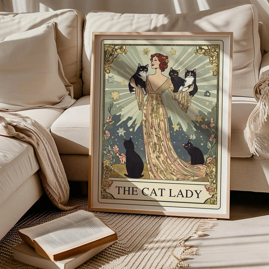 The Cat Lady Tarot Print, Art Nouveau Cat Lovers Wall Art, Vintage Cat Poster, Cat Mom Gift, Unique Cat Print, Apartment Decor Peaceful Pleasures Health and Wellness