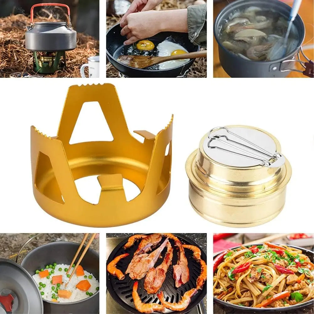 Portable Outdoor Mini Alcohol Stove Burner Ultralight Camping Cookware Set with Brass Spirit Furnace & Pot Holder Stand Peaceful Pleasures Health and Wellness