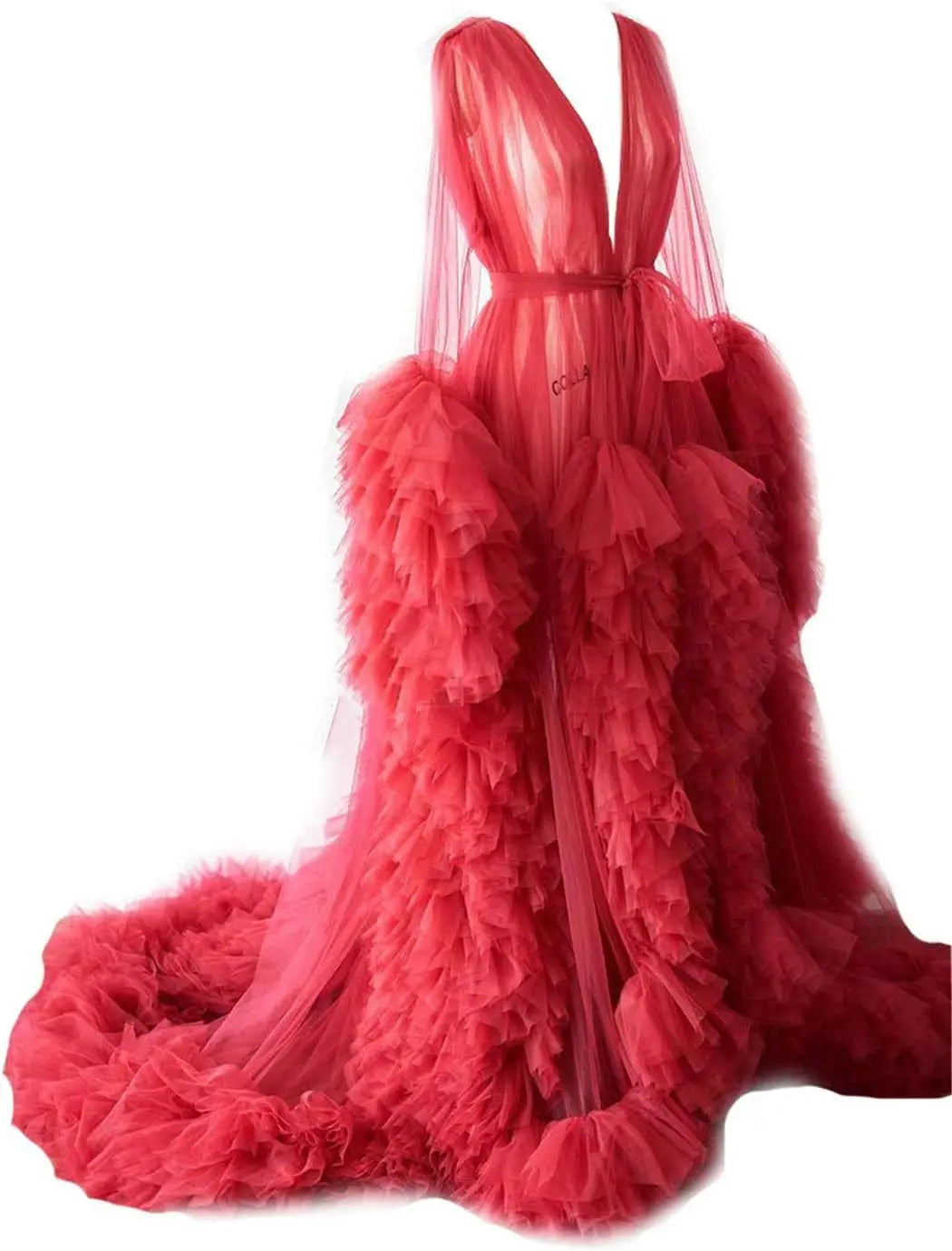 Photoshoot-Ready Tulle Maternity Gown - Puffy Ruffles, Bridal Style, Long Lingerie Dressing Robe for Pregnancy Peaceful Pleasures Health and Wellness Red US 2
